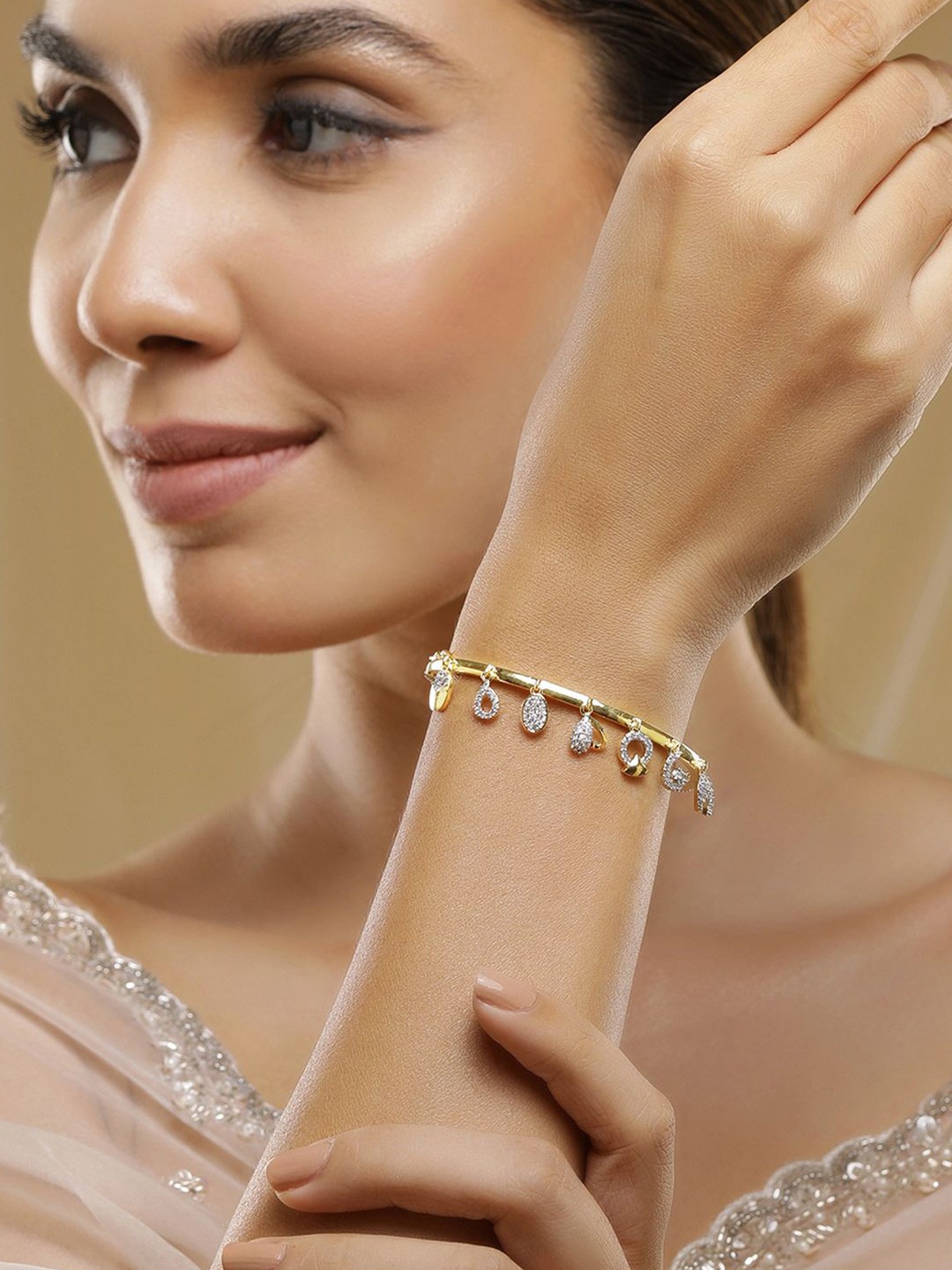 Rubans 22K Gold-Plated Cubic Zirconia Studded Bangle-Style Bracelet with Dangle Charm