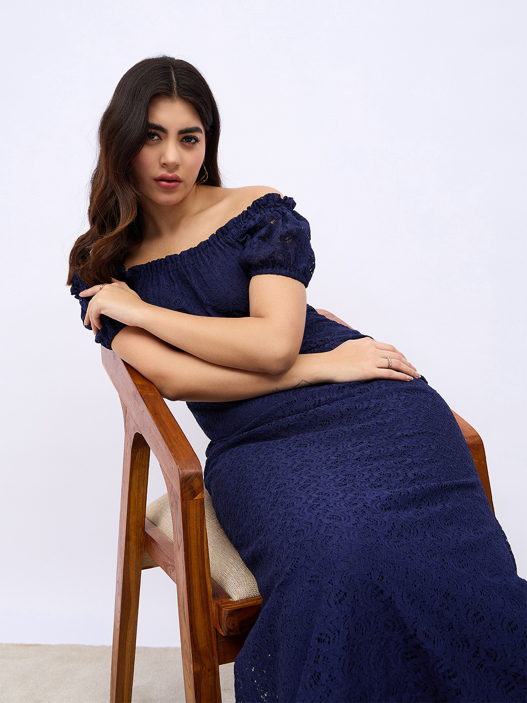 Styli Women Lace Off Shoulder Sheath Maxi Dress