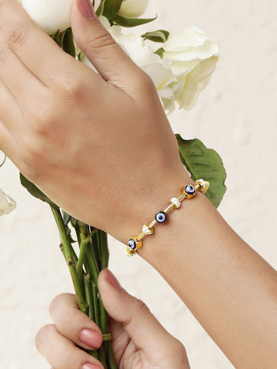 Rubans Voguish 18K Gold-Plated StainlessSteel TarnishFree CZ Demi-Fine Evil Eye Bracelet