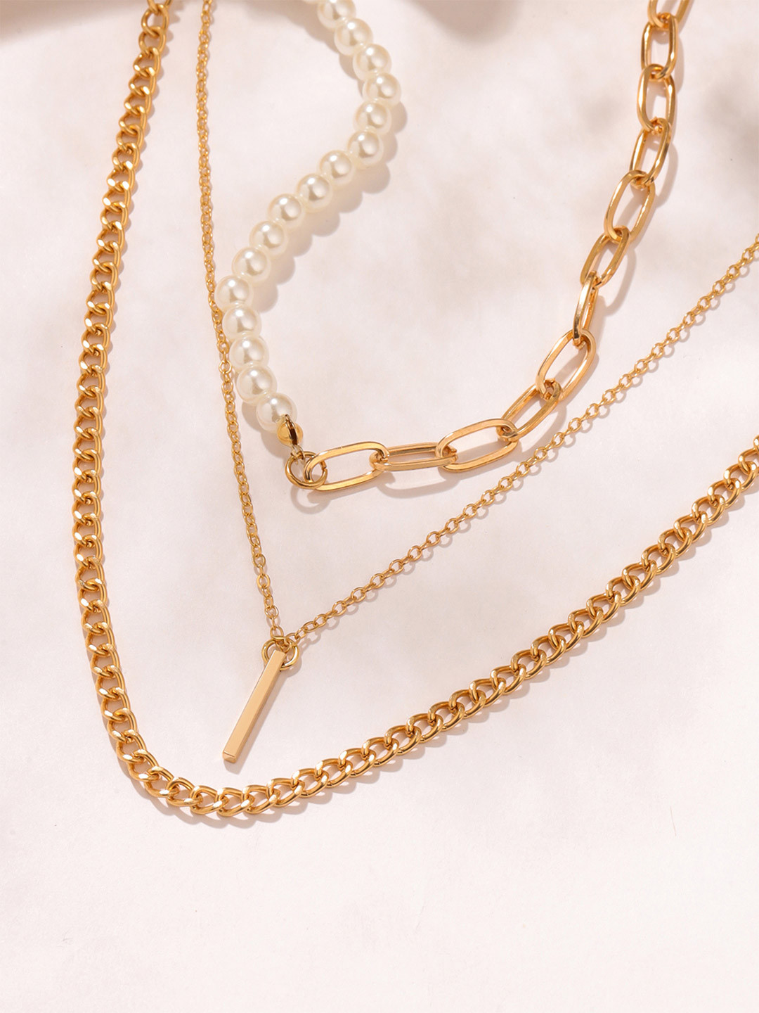 Yellow Chimes Men Gold-Plated Stainless Steel Layered Pearl Necklace