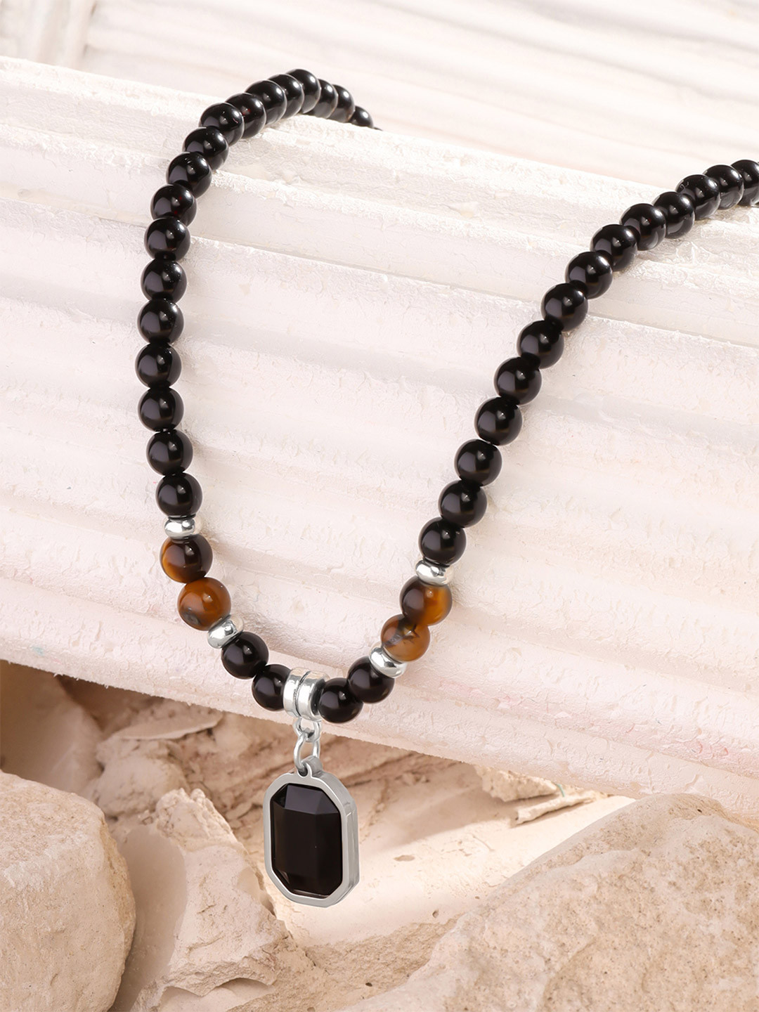 Yellow Chimes Men Stainless Steel Tiger Eye Stone Studded & Beaded Pendants with Chains