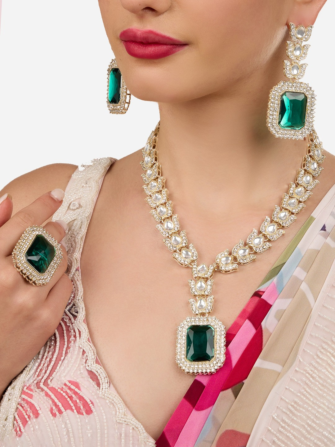 AMI Gold-Plated Diamonds Stone-Studded Lotus Design Jewellery Set