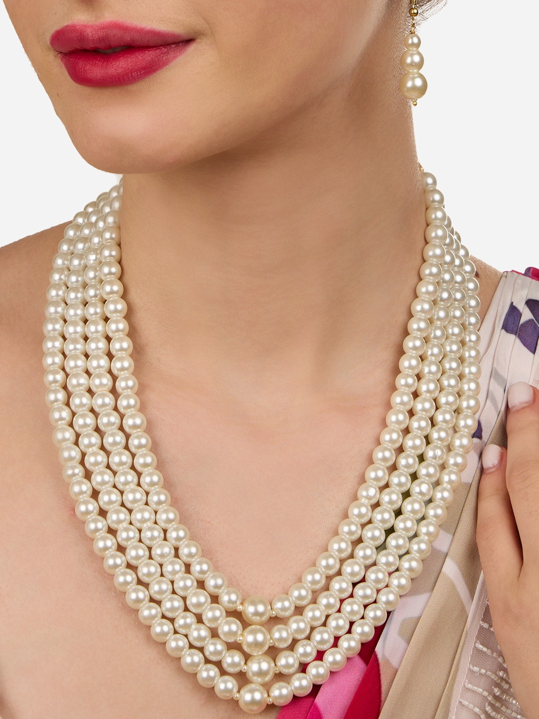 AMI Women Gold Plated Four Layered Pearls Beaded Jewellery Set