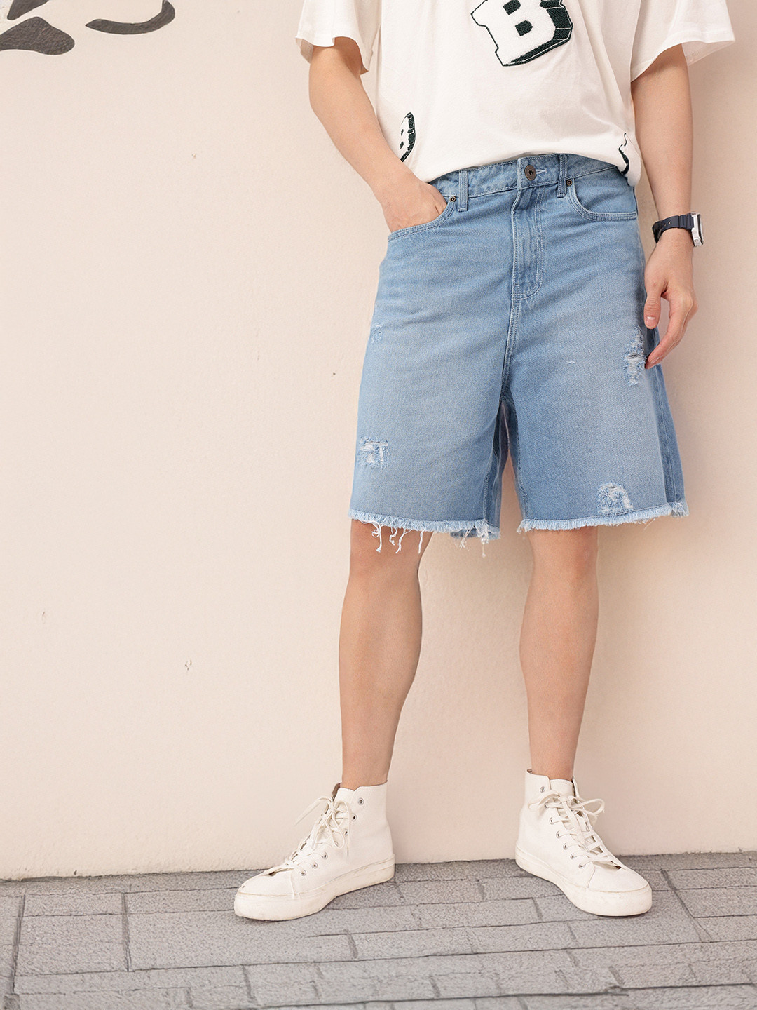 Kook N Keech Men Distressed Relaxed Fit Frayed Denim Shorts