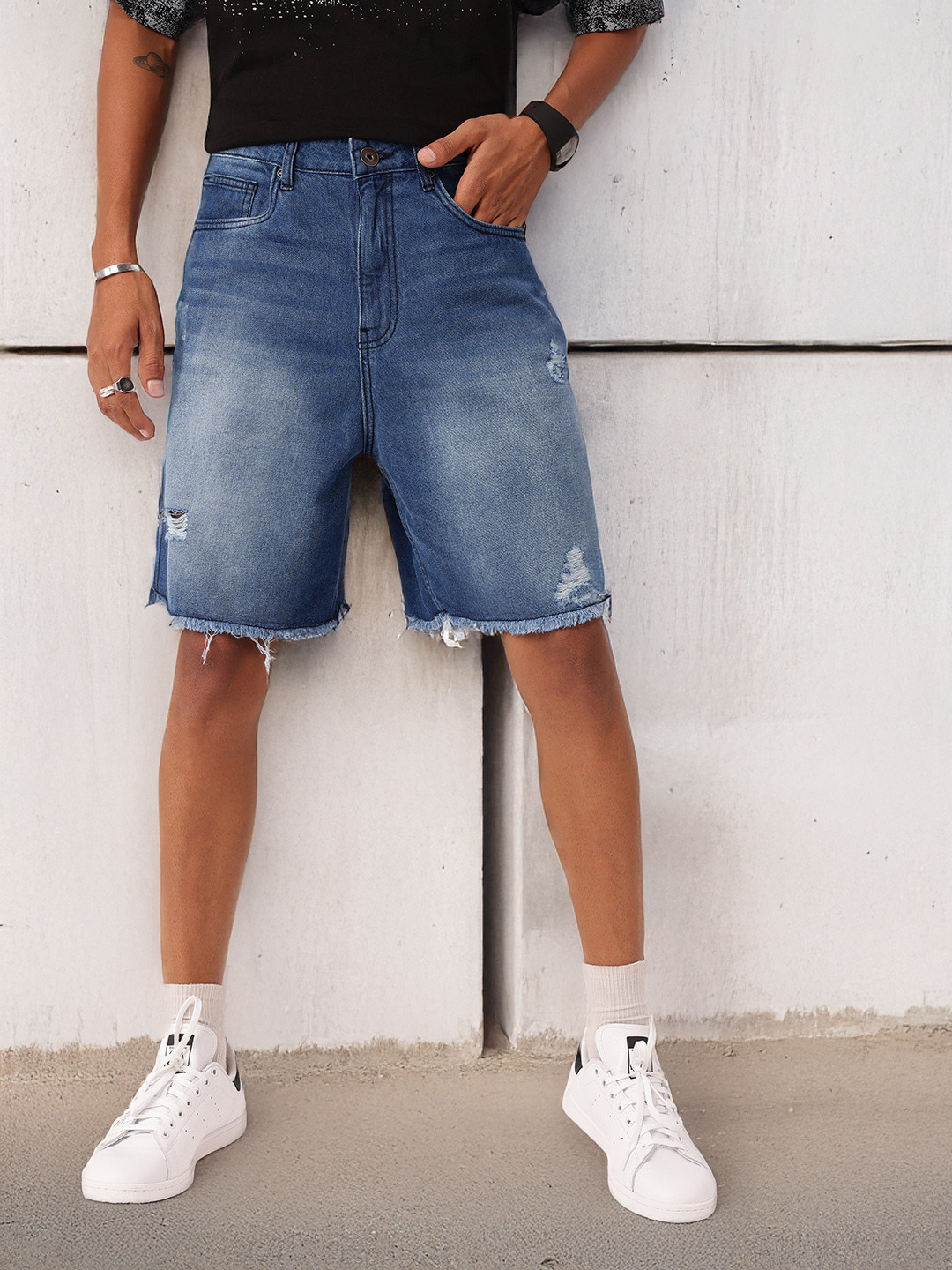 Kook N Keech Men Skater Fit Ripped Light Faded Frayed Denim Shorts