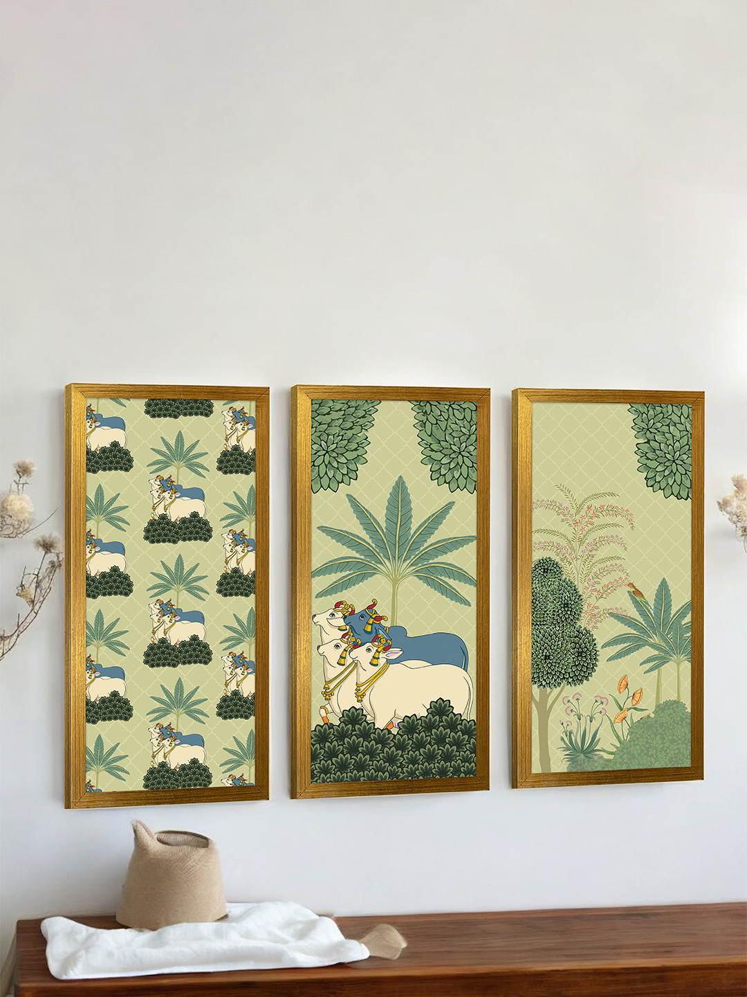 Art Street Set of 3 Cow & Tree Framed Painting Religious Wall Art