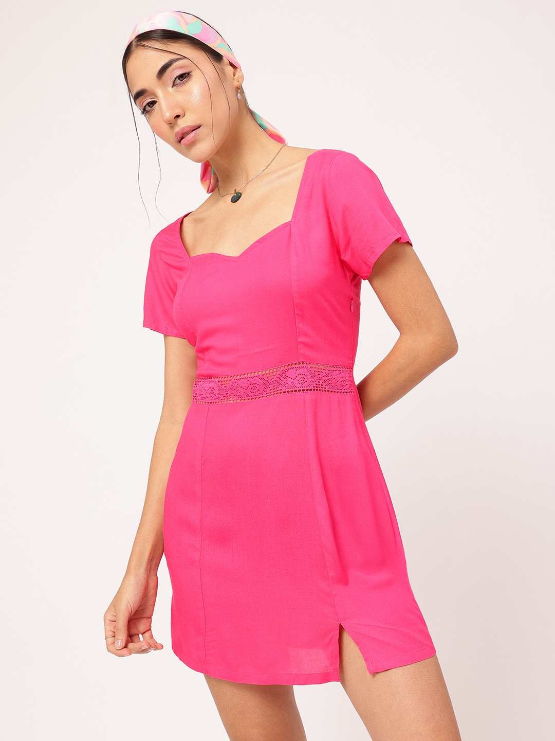 DressBerry Lace Inserts Front-Slit Sheath Mini Dress