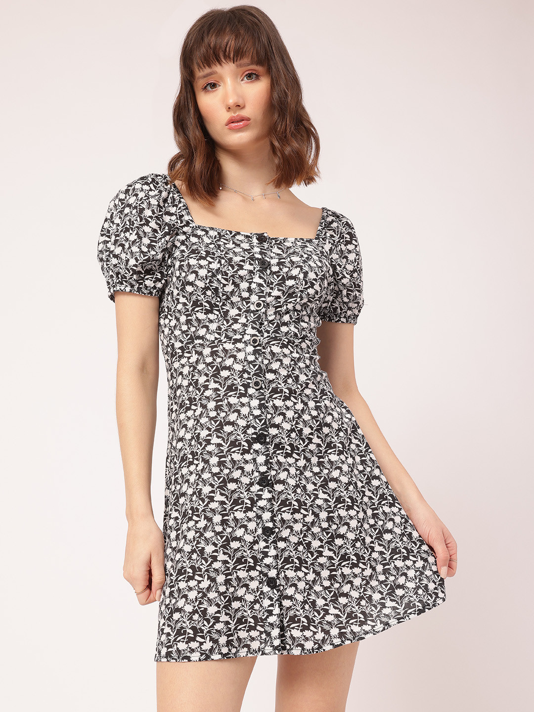 DressBerry Square Neck Monochrome Printed Mini Dress