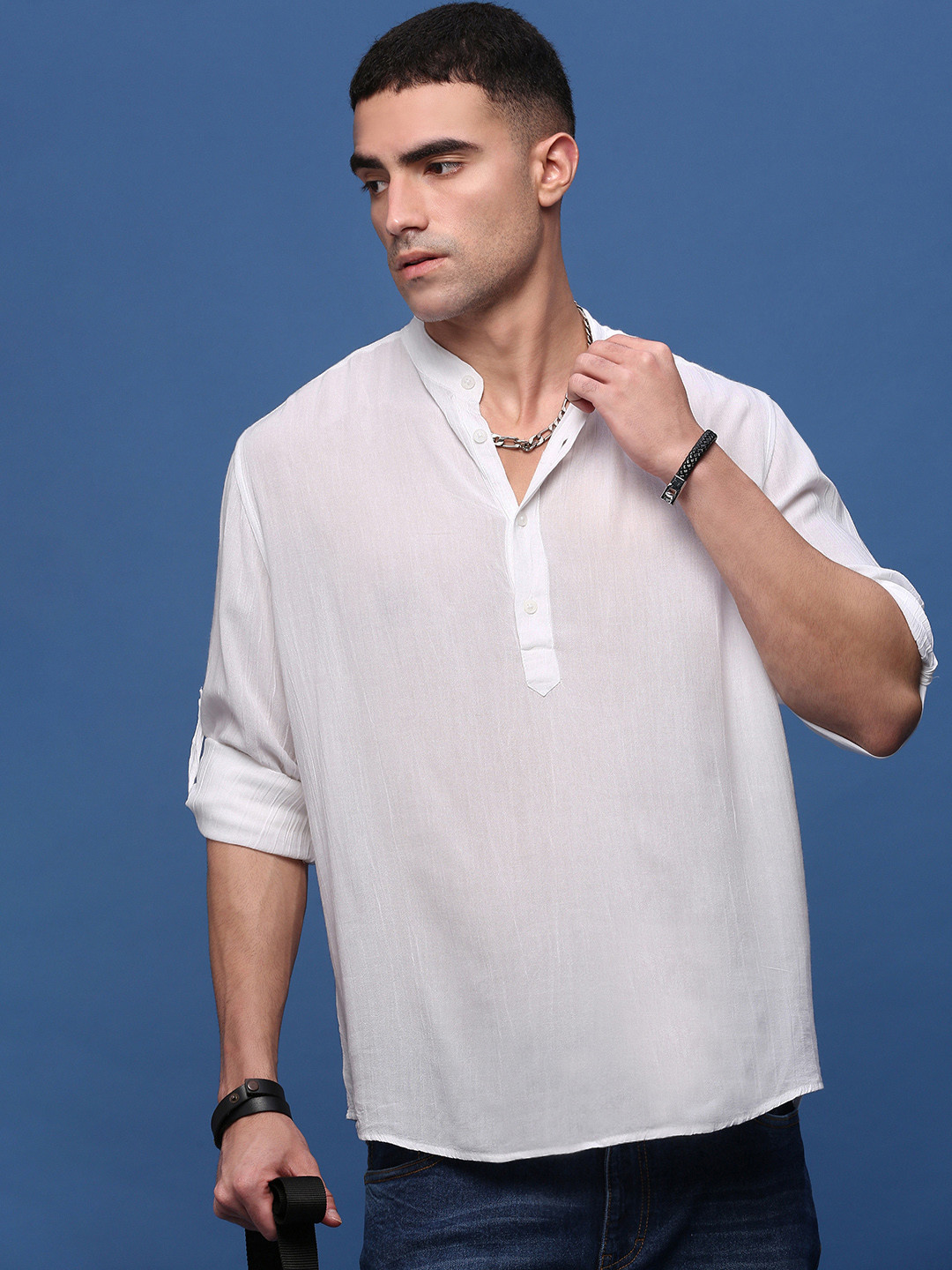 SHOWOFF Men Band Collar Roll-Up Sleeves Semi Sheer Casual Shirt