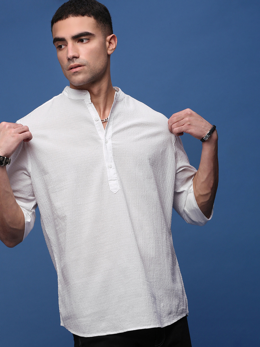 SHOWOFF Woven Design Mandarin Collar Roll Up Sleeves White Romance Shirt