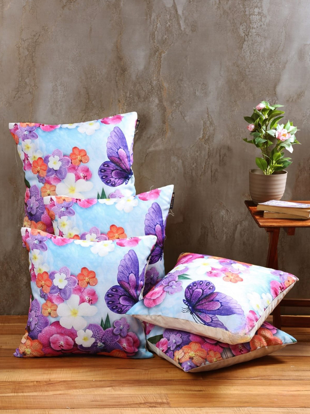 Myntra Elegant Homes Floral Jute Cotton 5 Pcs Square Cushion Covers - 15.7 x 15.7 In