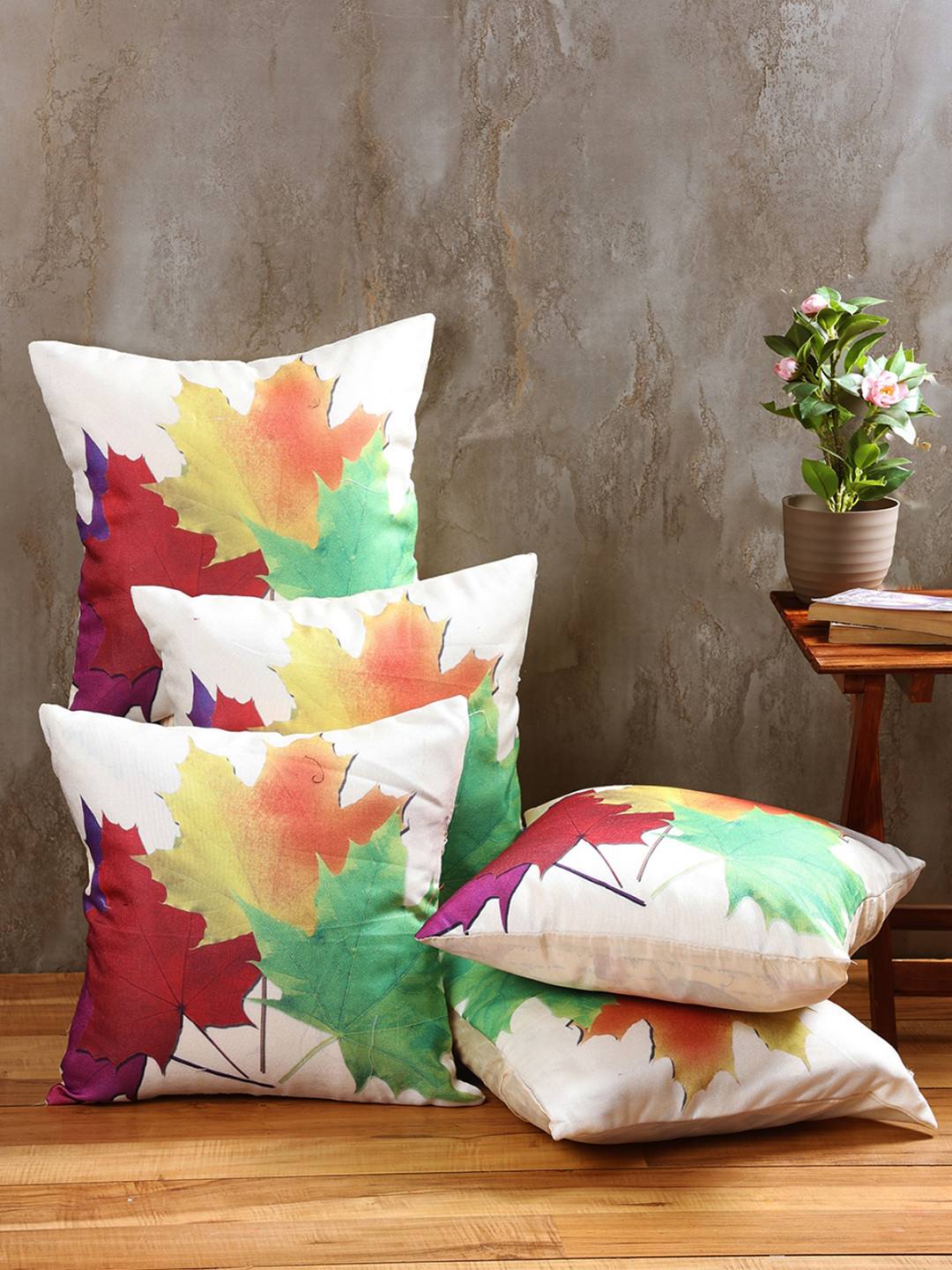 Myntra Elegant Homes White & Red 5 Pieces Floral Printed Square Cushion Covers