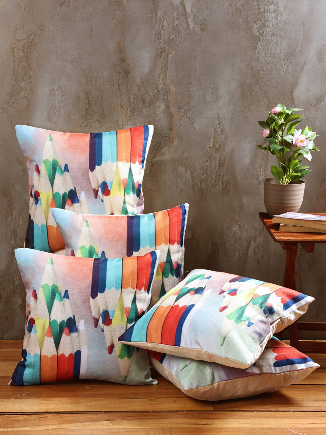 Myntra Elegant Homes Geometric Printed Abstract Jute Durable 5 Pcs Cushion Covers -16x16In