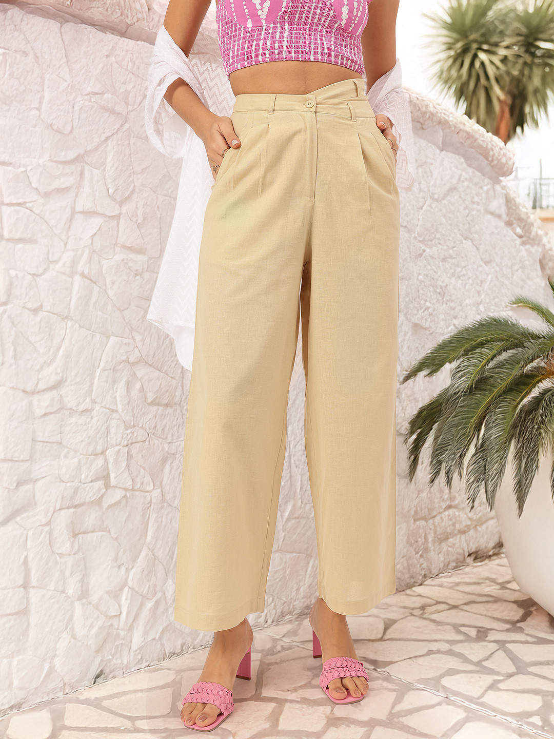 DressBerry Women Asymmetric Waist Pleated Formal Wide Leg Trousers