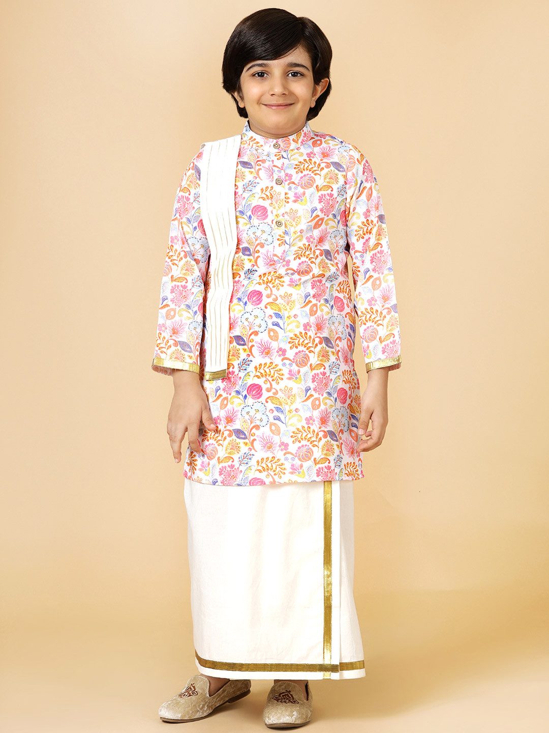 A.T.U.N. Boys Printed Band Collar Regular Straight Kurta With Mundu & Dupatta