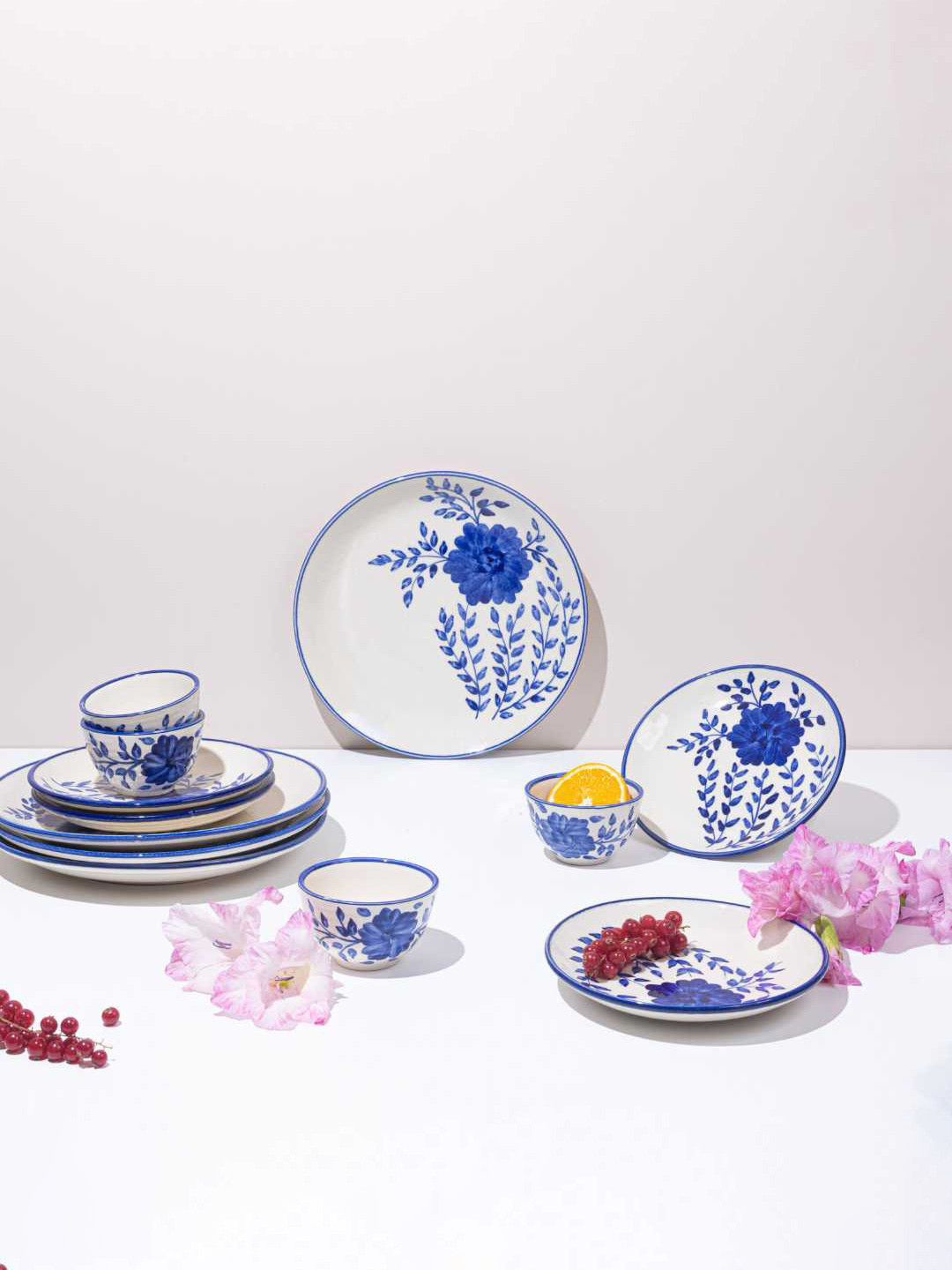 AMALAFIEE CERAMICS Sanaah Blue Floral Ceramic Microwave Safe 12 Piece Dinner Set