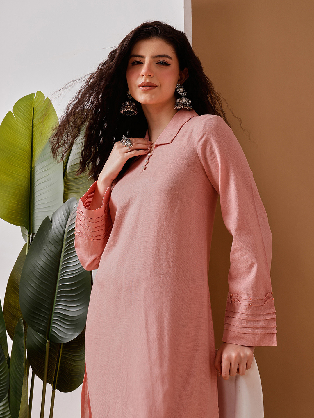 BARARA ETHNIC Shirt Collar Flared sleeves Linen Straight Kurta with Trouser