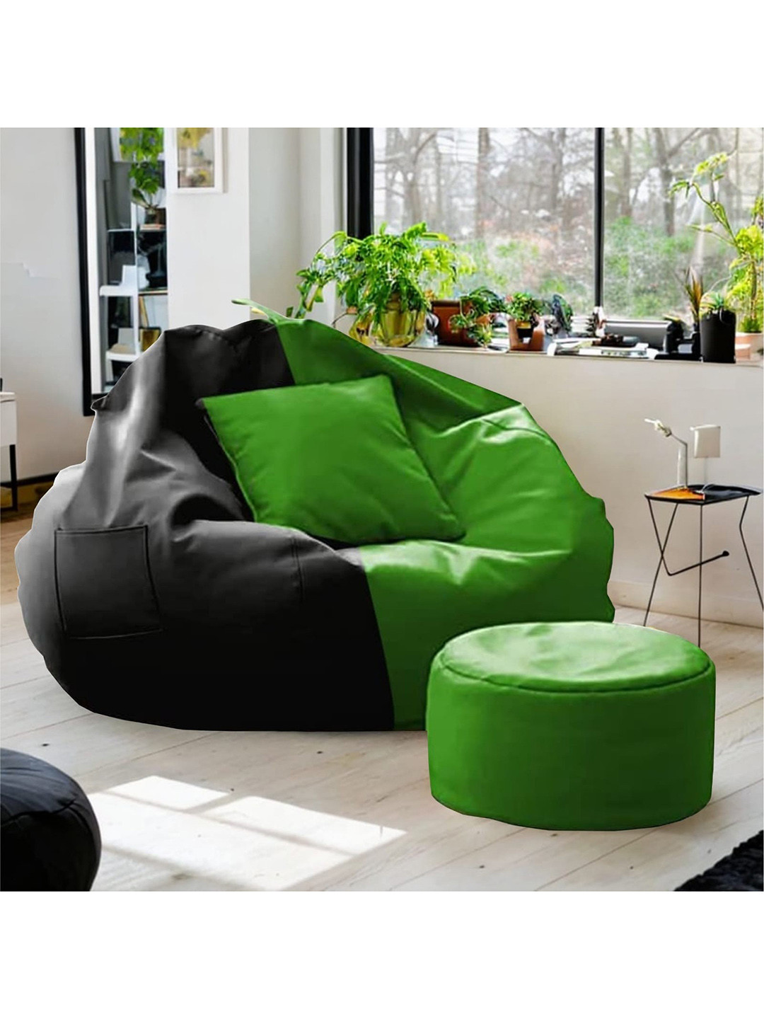 SHIRA 24 Green & Black 3 Pieces Bean Bag Cover With Cushion Cover