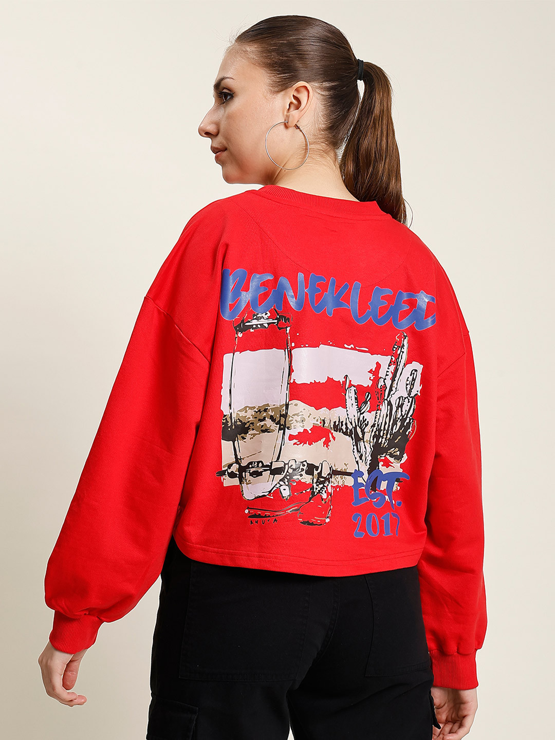 Bene Kleed Women Graphic Printed Cropped Oversized Sweatshirt