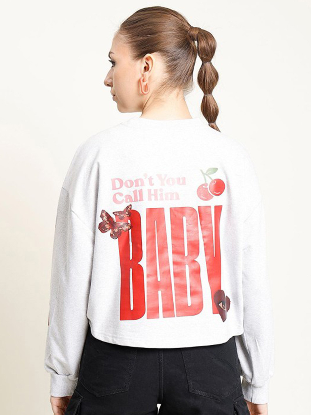Bene Kleed Women Typography Printed Cropped Oversized Sweatshirt