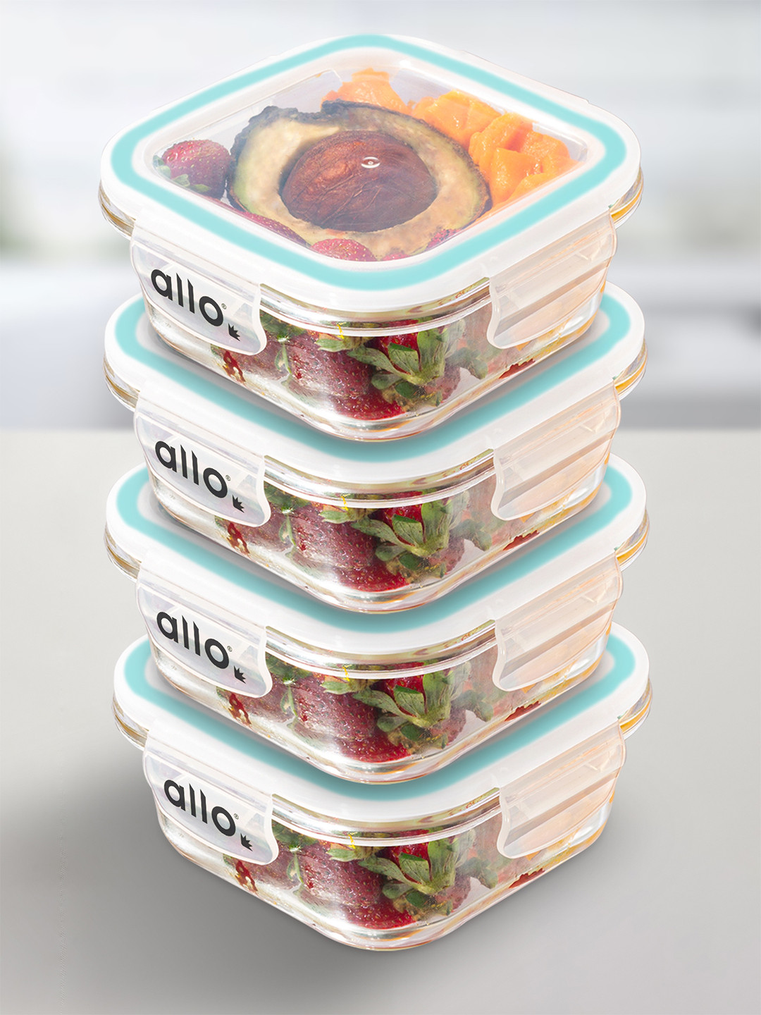 Allo Pl450Sw Transparent Glass Dishwasher Safe 4 Piece Clip-On Fridge Container-550ml