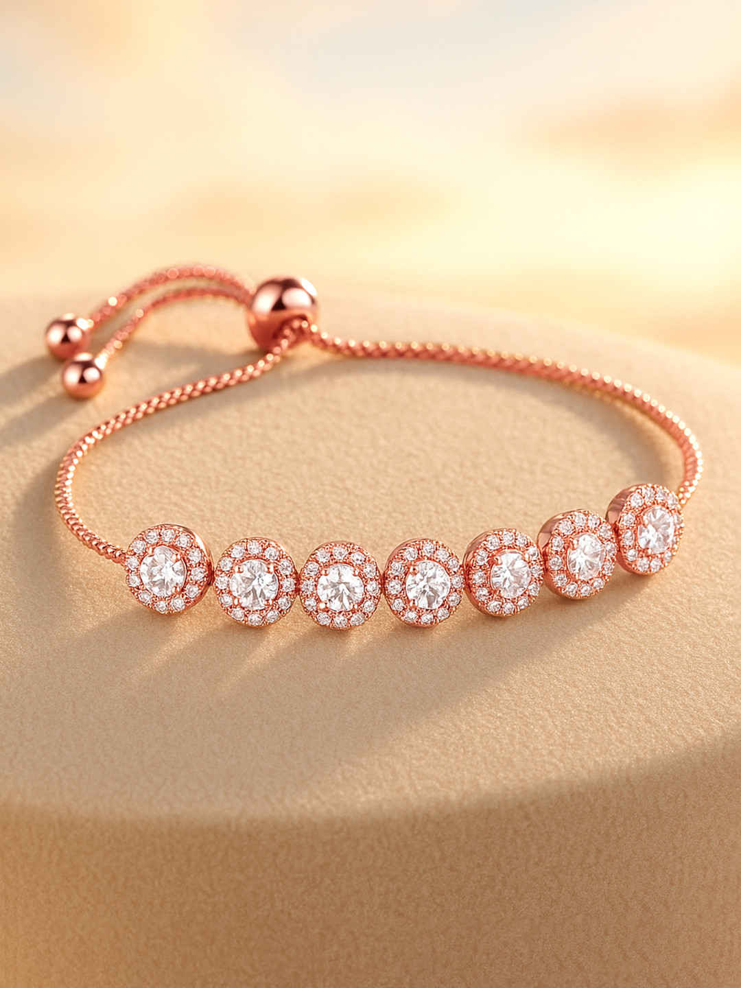 Rubans 18K Rose Gold Plated Cubic Zicronia Studded Adjustable Pull-Chain Bracelet