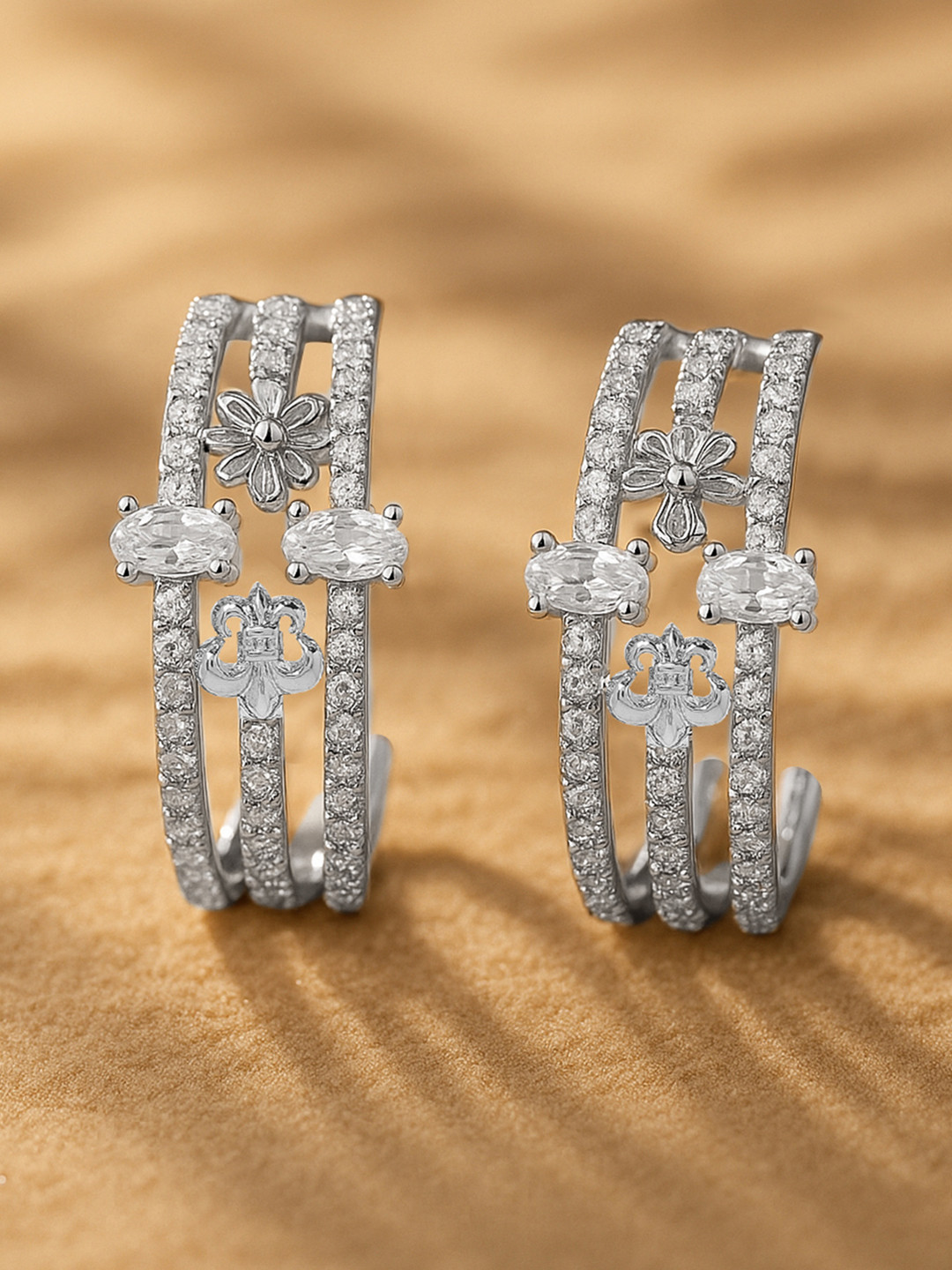 Rubans Rhodium Plated Cubic Zirconia Studded Floral Huggie Hoop Earrings