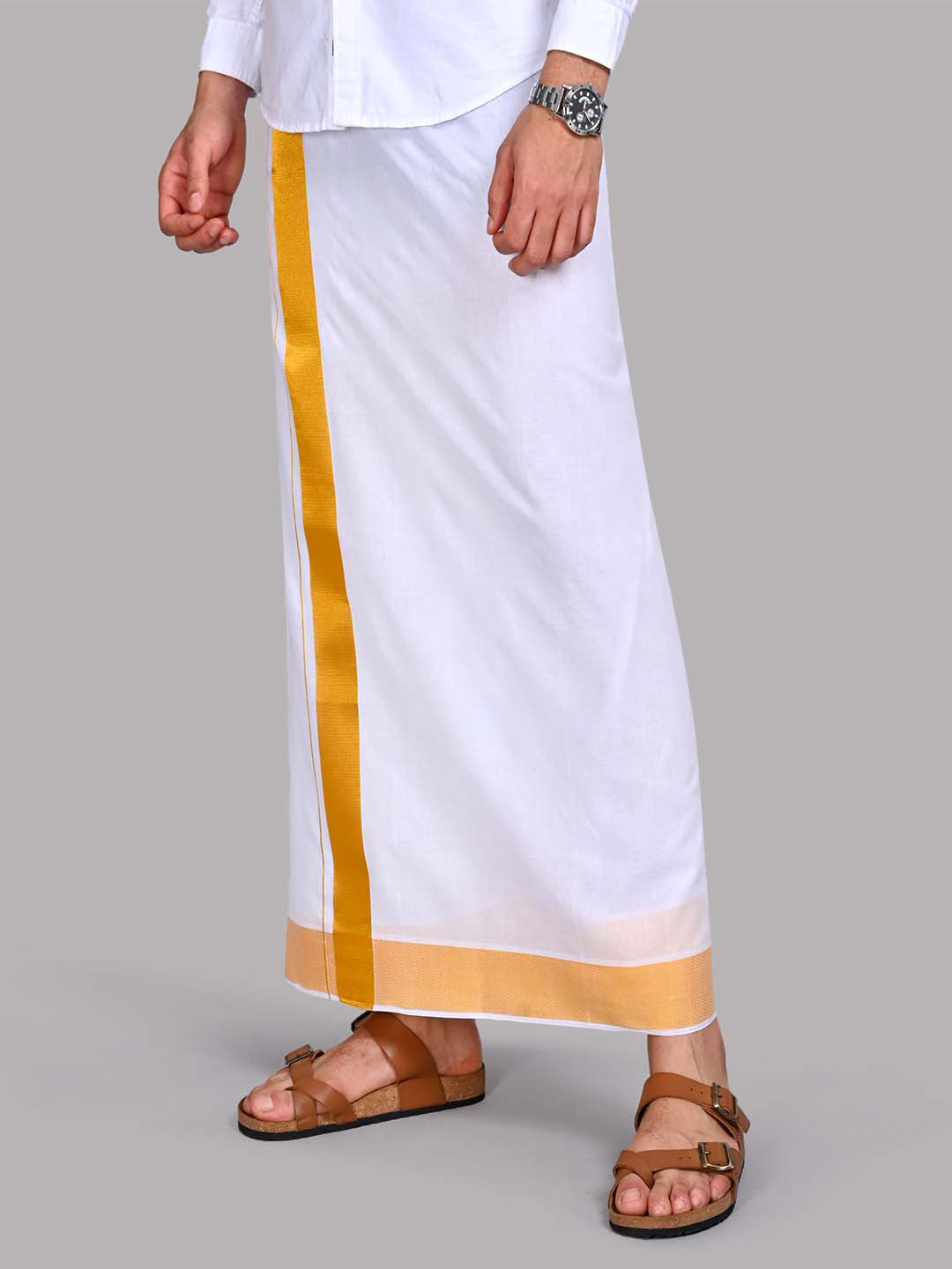 WHITE HEART Men Solid Pure Cotton Solid Dhoti With Gold Zari Border