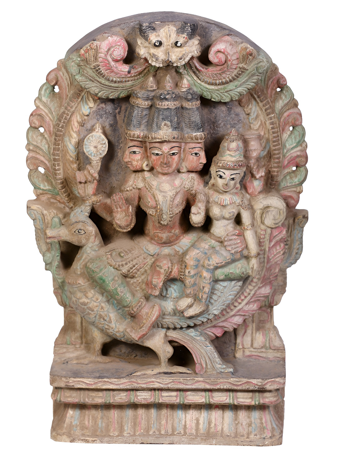 Exotic India Brahma with Kirtimukha Beige Wood Natural Living Room Large Showpiece - 18 Inches