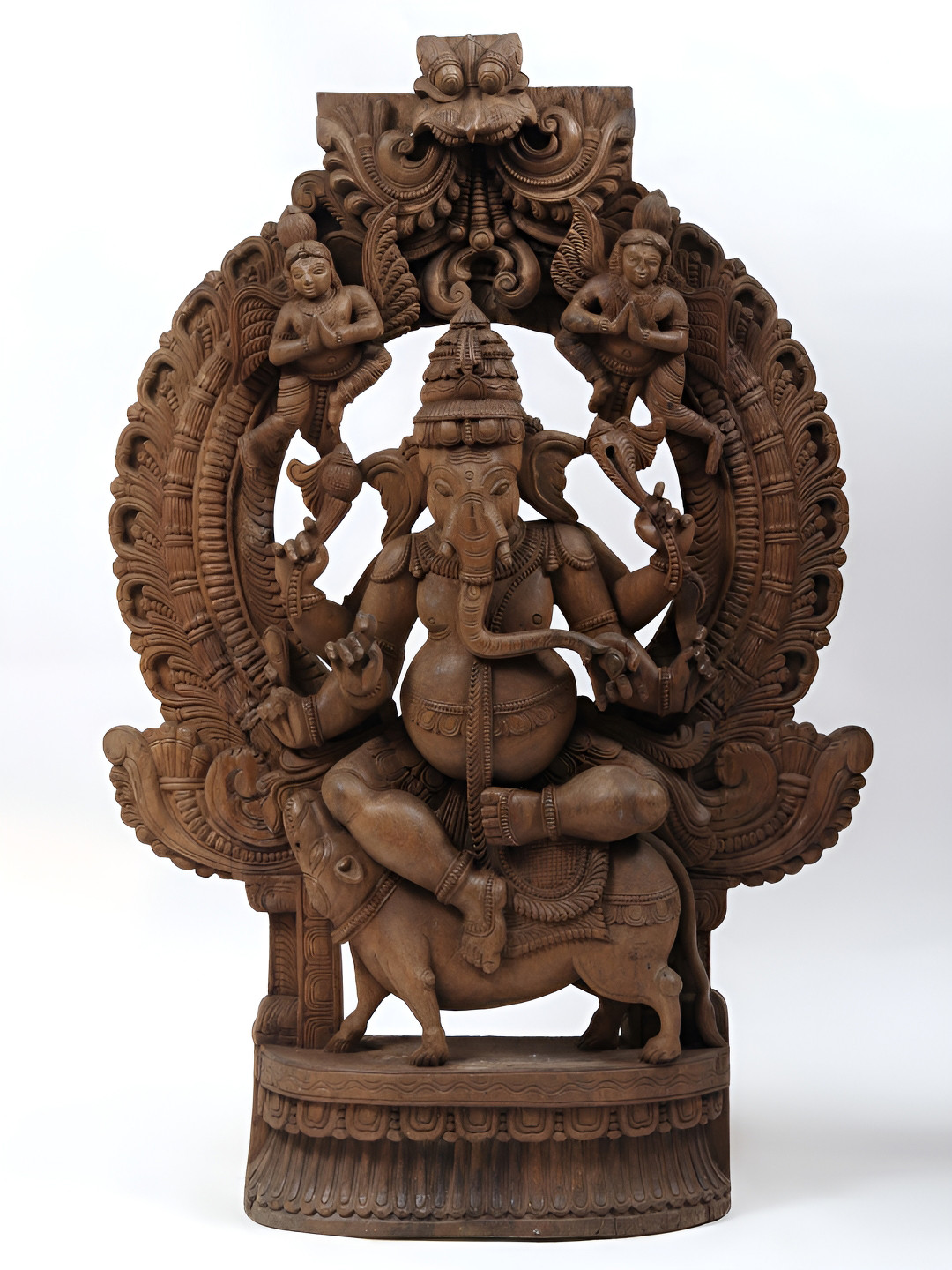 Exotic India Lord Ganesha Seated on Rat Brown Wood Natural Prayer Room Medium Showpiece - 47.6 Inches