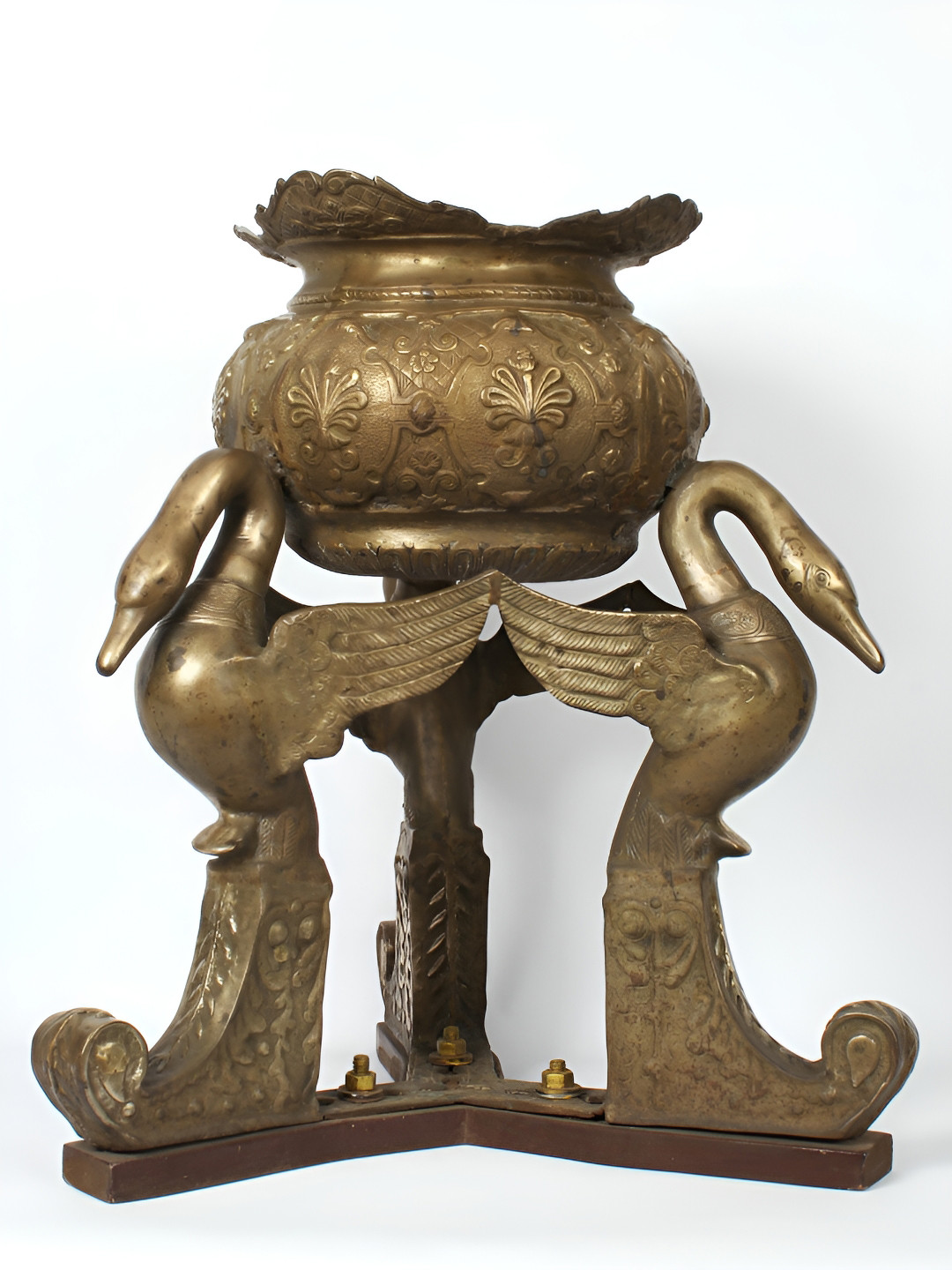 Exotic India Brown Brass Vintage Urli Pot on The Back of Swans