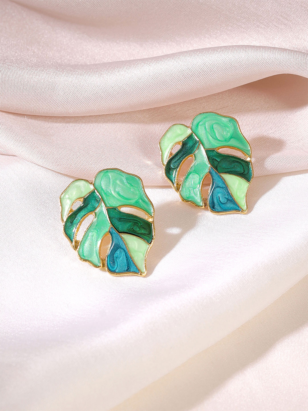 Yellow Chimes Green Gold Plated Leafy Shaped Studs Earrings