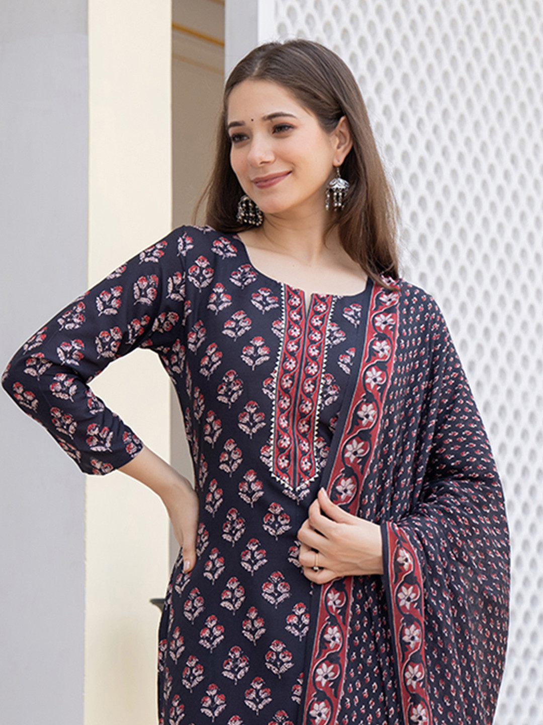 Floral Printed Round Neck Straight Kurta With Trousers & Dupatta 8