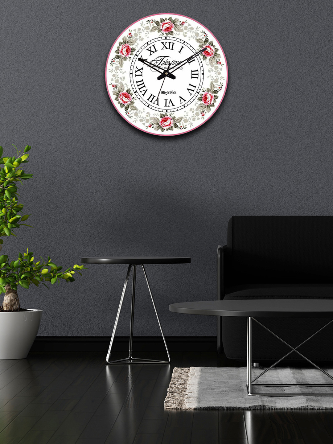 OLIVE TREE White & Pink Floarl Printed Contemporary Wall Clock