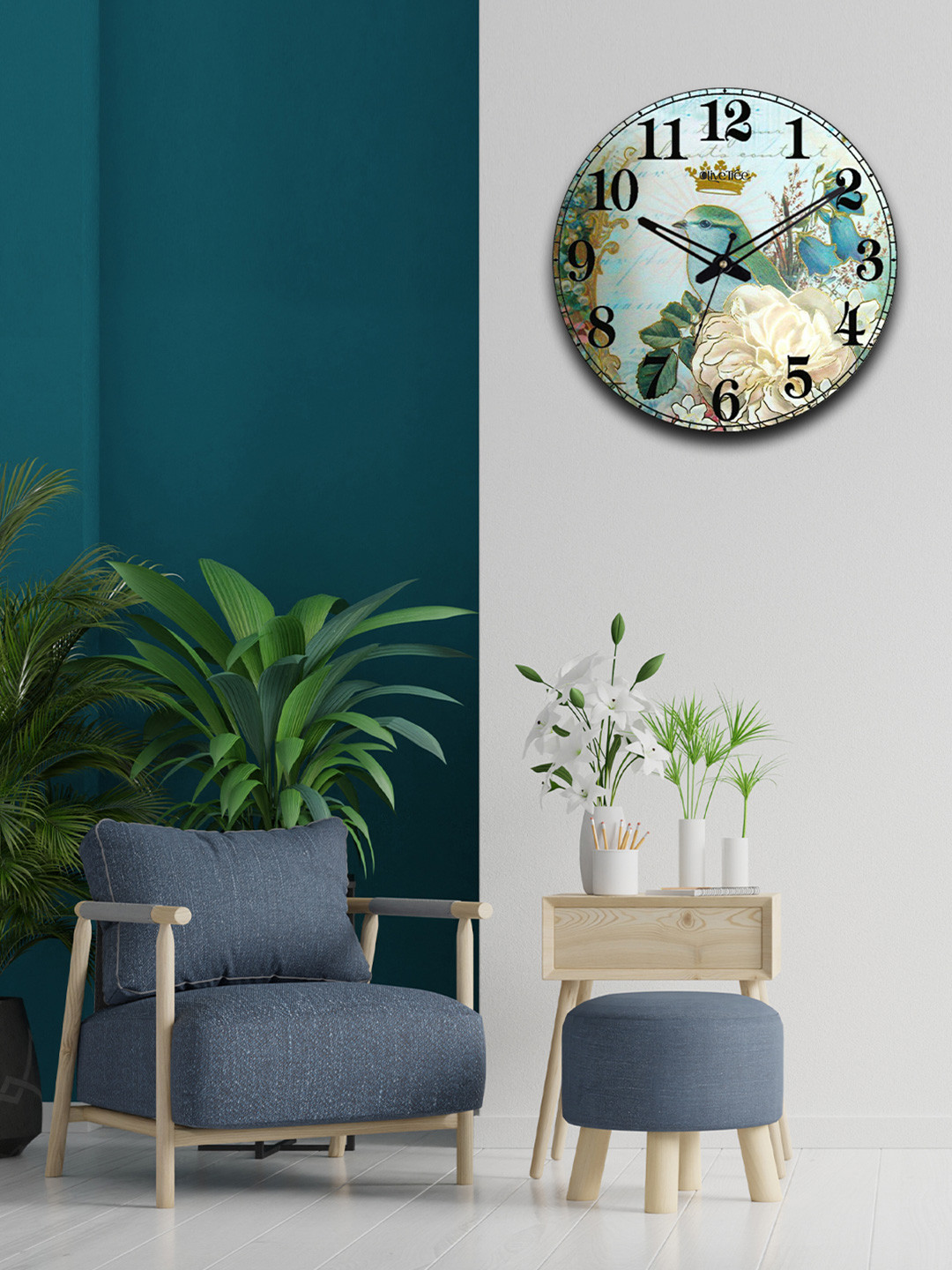 OLIVE TREE Blue & Cream Colored Birds Printed Analogue Contemporary Wall Clock