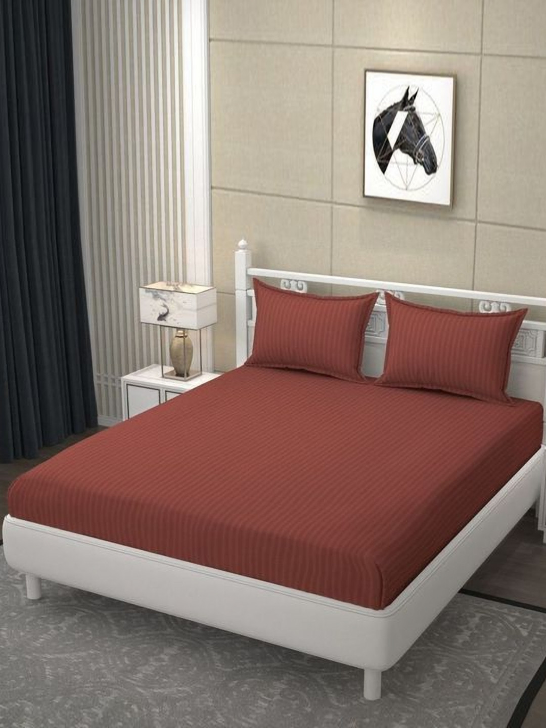 Bromwick Copper Striped Cotton 250 TC Super King Superfine Bedsheet with 2 Pillow Covers-108 x 108 inches