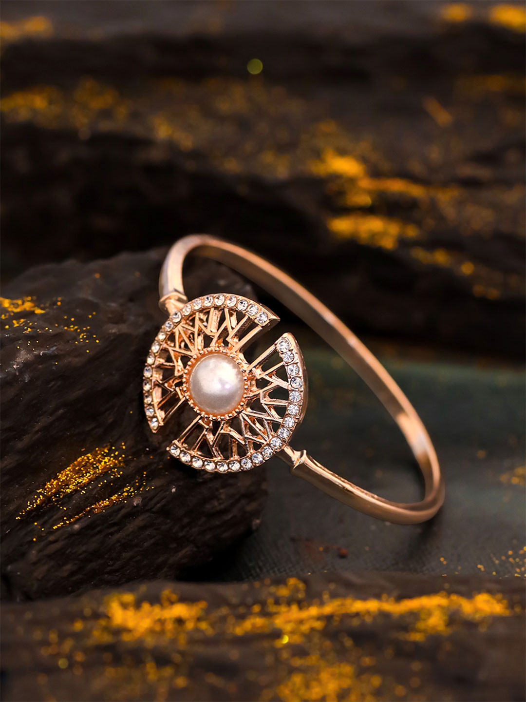 Yellow Chimes Rose Gold-Plated Pearls & Crystal Bangle-Style Bracelet