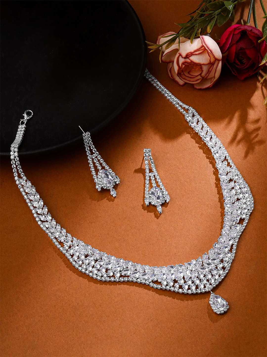 Yellow Chimes Rhodium Plated Cubic Zirconia & Diamond Studded Jewellery Set