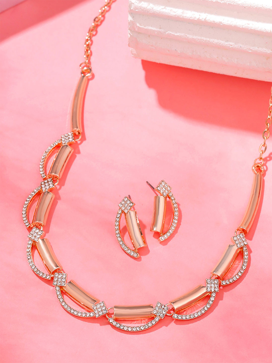 Yellow Chimes Rose Gold-Plated A5 Crystal Studded Jewellery Set