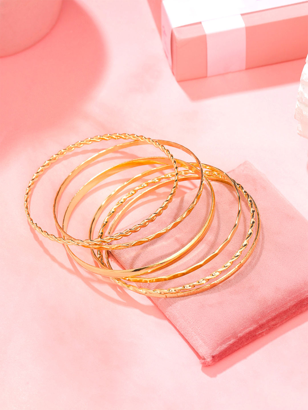 Yellow Chimes Set Of 6 Gold-Plated Textured Bangles