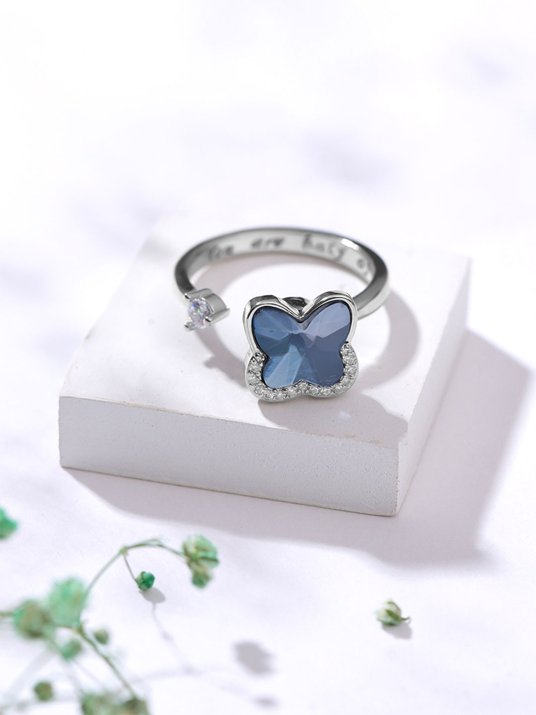 Yellow Chimes Rhodium-Plated CZ Studded Butterfly Shaped Rotating Adjustable Finger Ring