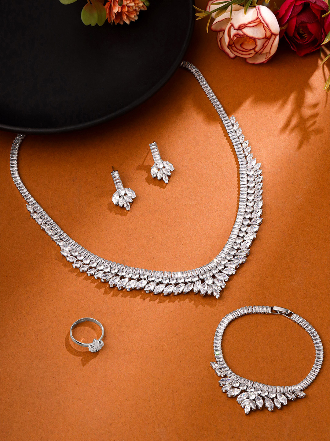 Yellow Chimes Rhodium-Plated Cubic Zirconia & Diamond Stone-Studded Jewellery Set