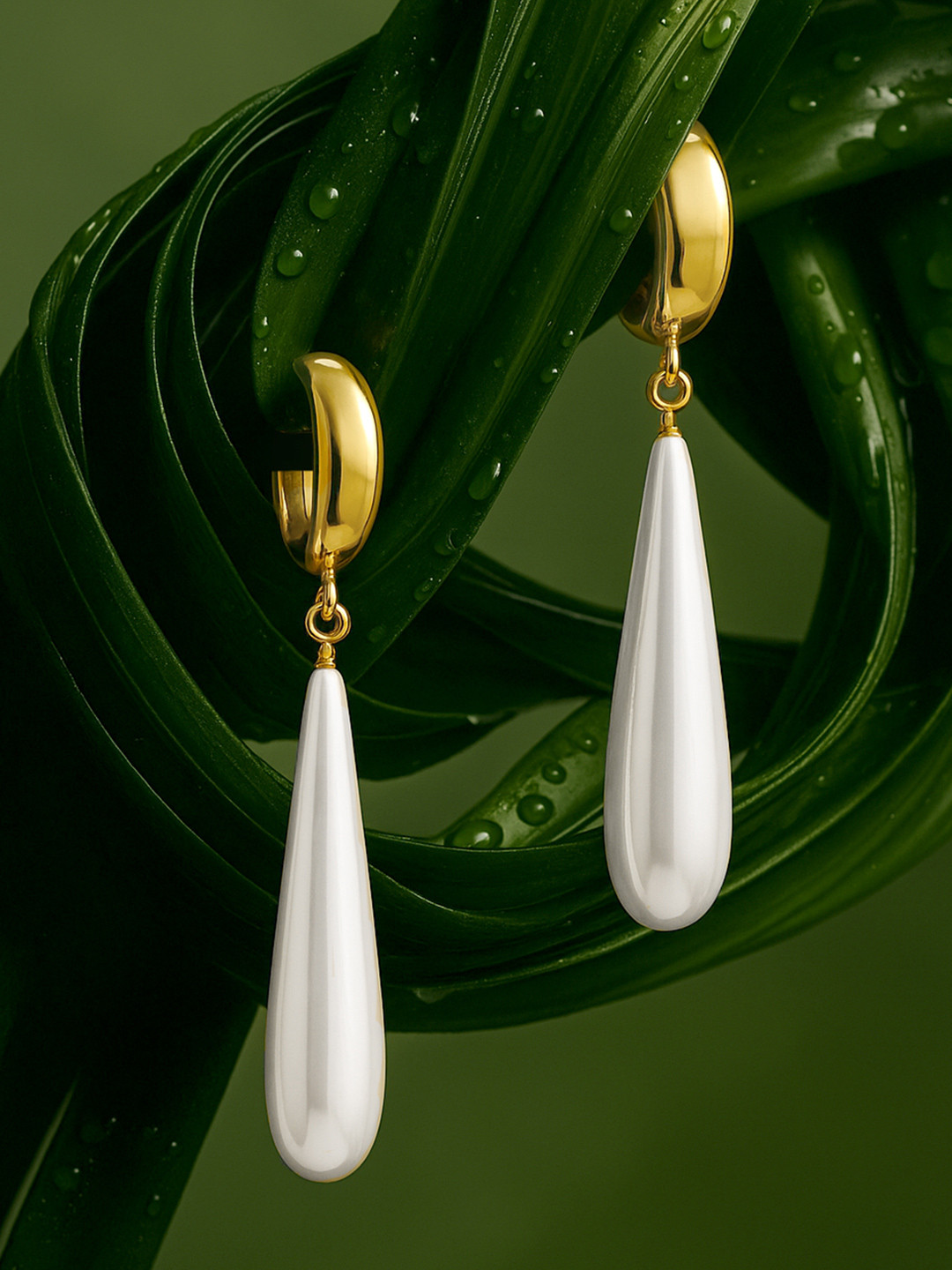 Rubans 18K Gold-Plated Drop Earrings with Elegant White Teardrop Pearls