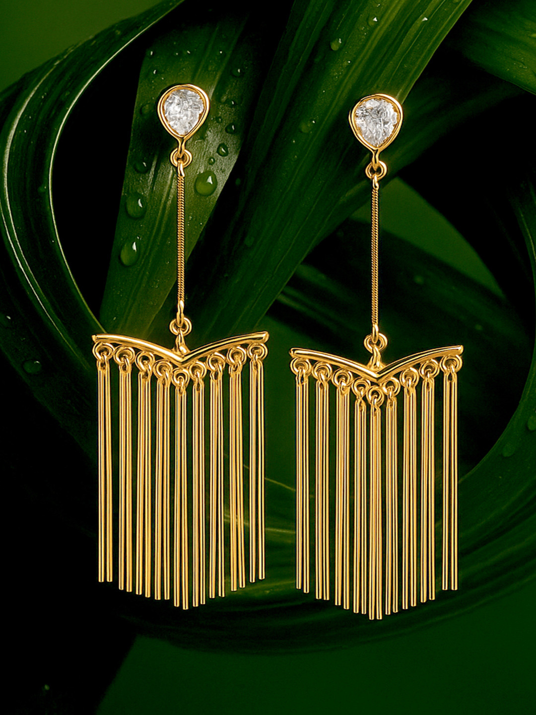 Rubans 18K Gold-Plated Long Fringe Drop Earrings with Crystal AD Studs and Tassel Accents