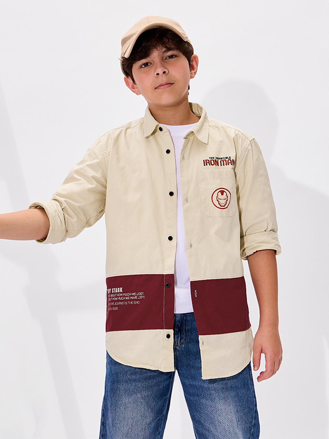 The Souled Store Boys Regular Fit Iron Man Printed Off White Shirts