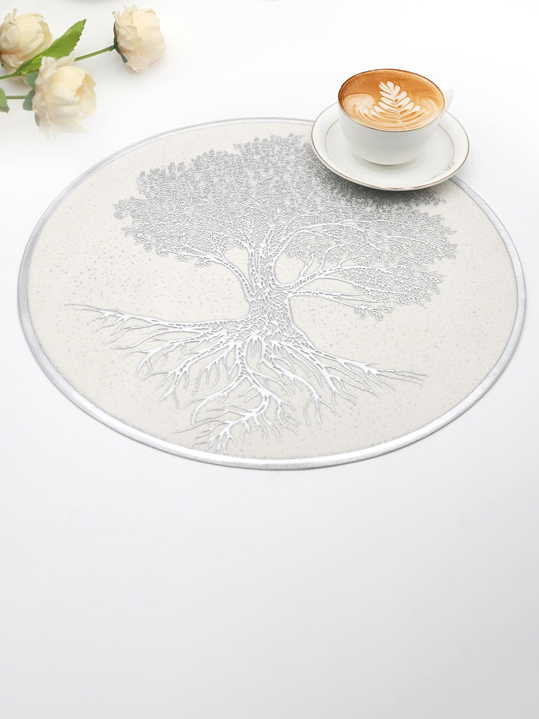 LooMantha SilverToned and Beige Floral Printed Round Table Placemat