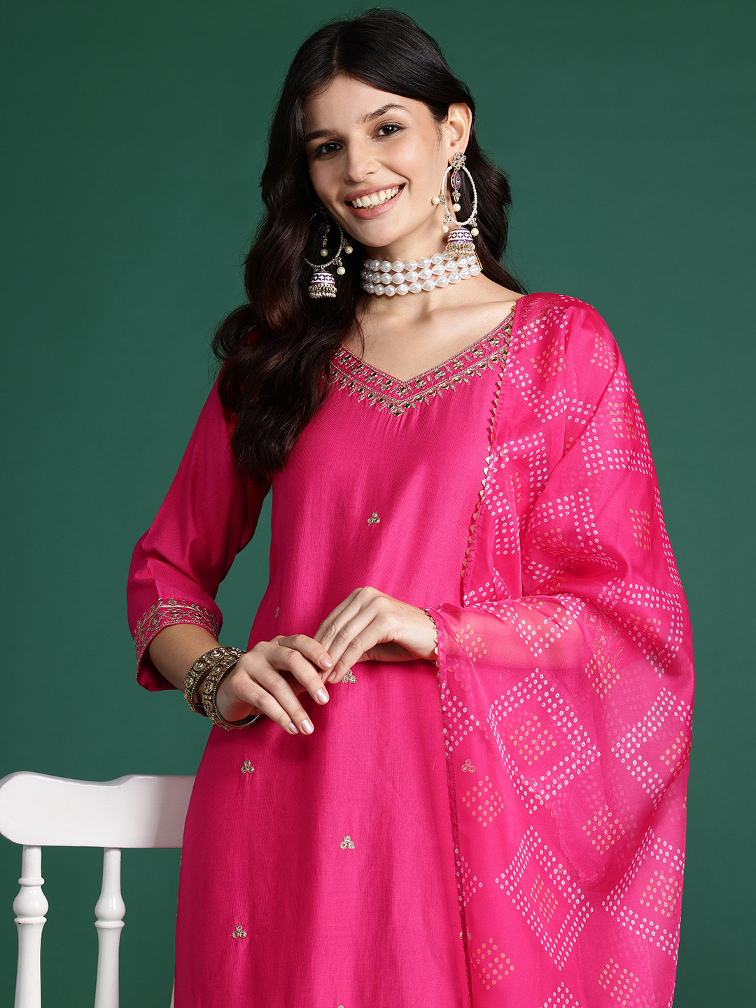 Indo Era Embroidered Liva Kurta with Trousers & With Bandhani Print Dupatta