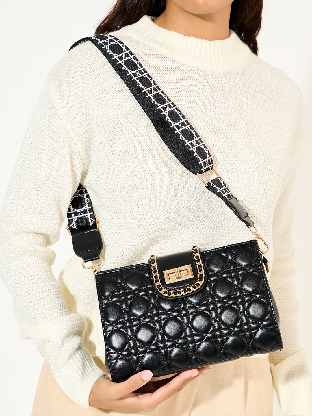 Women Quilted Buckle Embellished Hand Bag