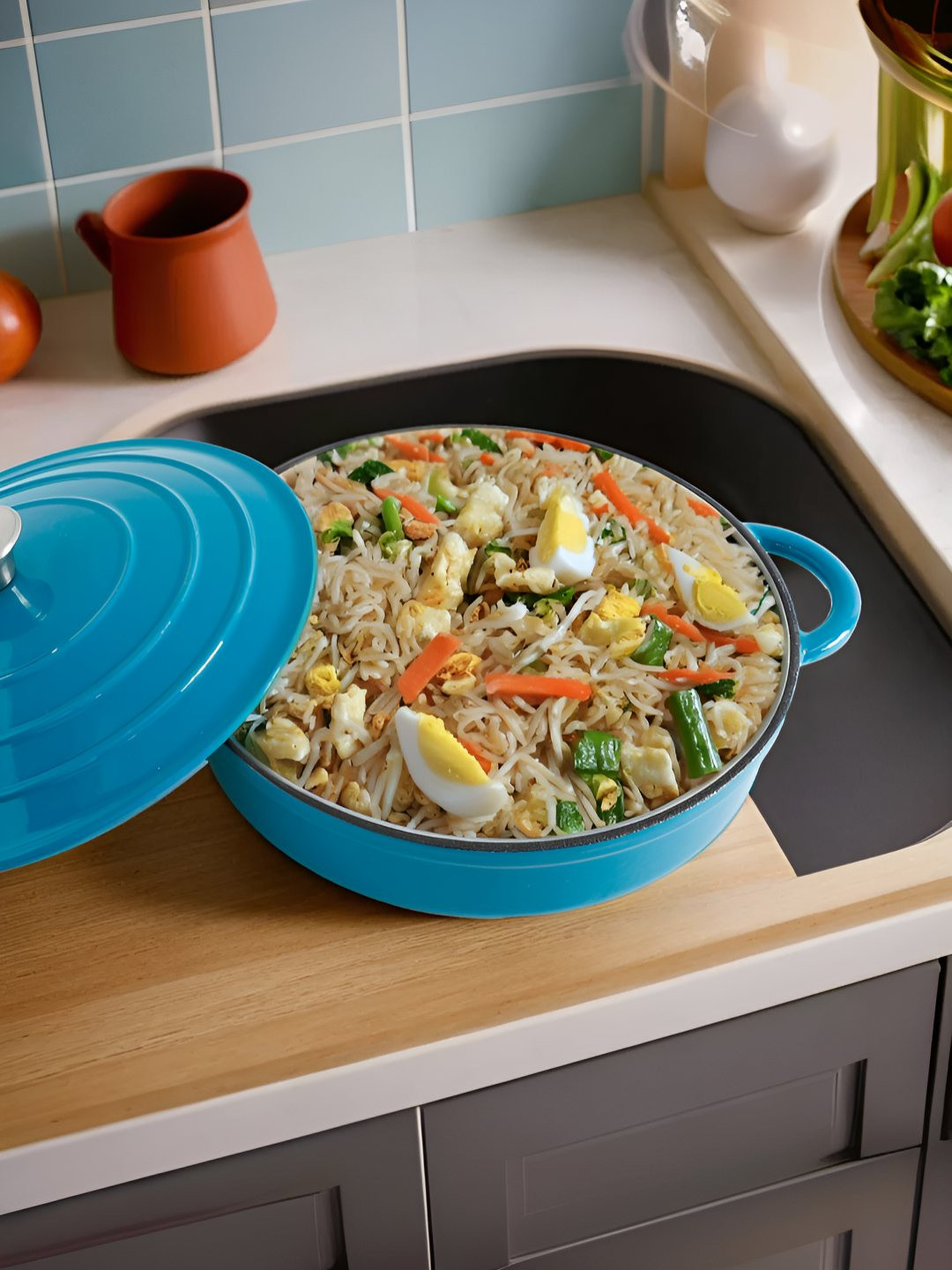 UMAI Blue & White Enameled Cast Iron Induction Base Kadhai - 3L