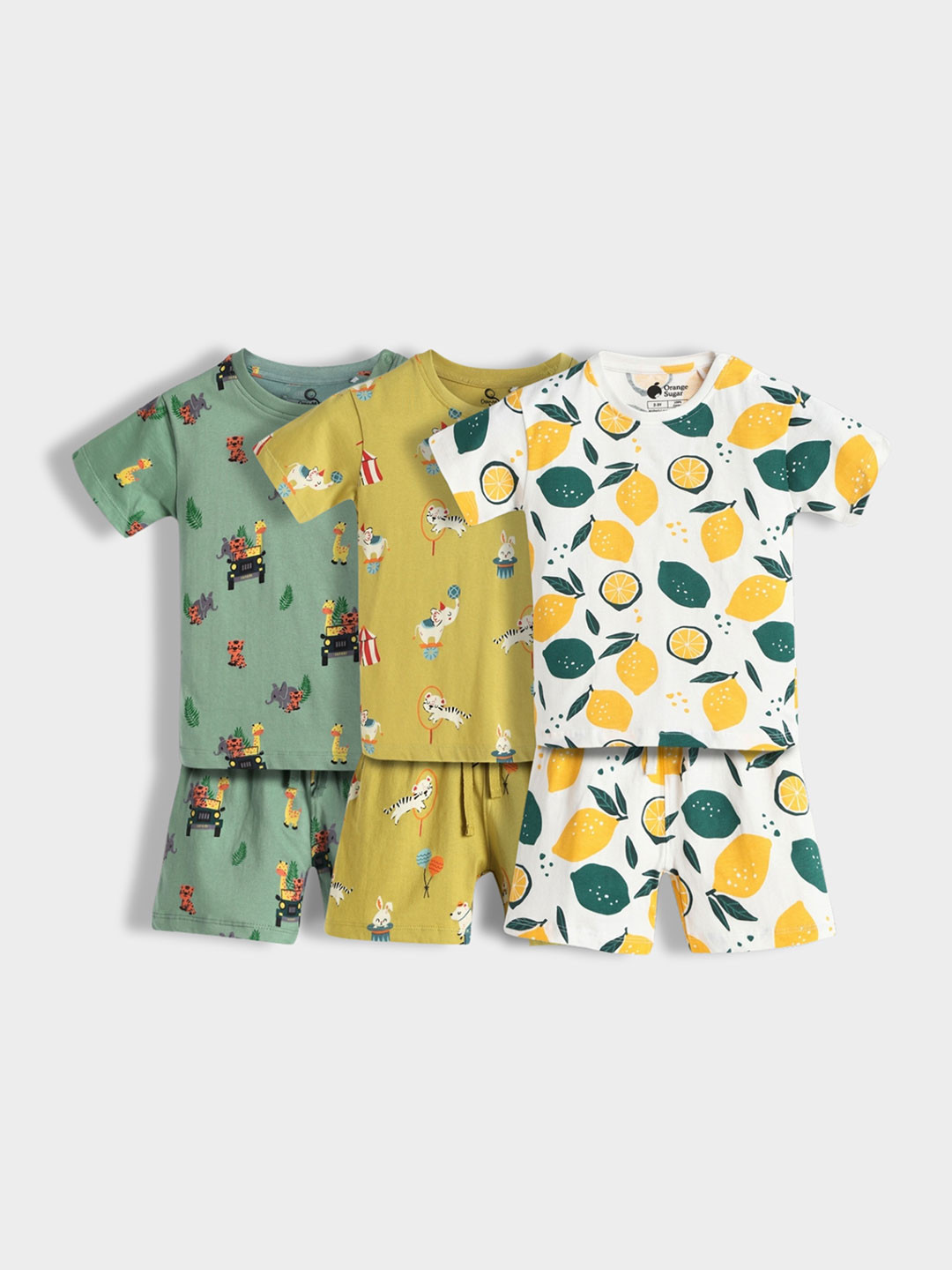Orange Sugar Kids Pack Of 3 Printed Round Neck Pure Cotton T-shirt with Shorts